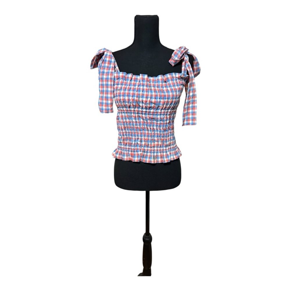 Gianni Bini Megan Top in a poppy blue, red, and white checkered pattern size Lg - Picture 2 of 6